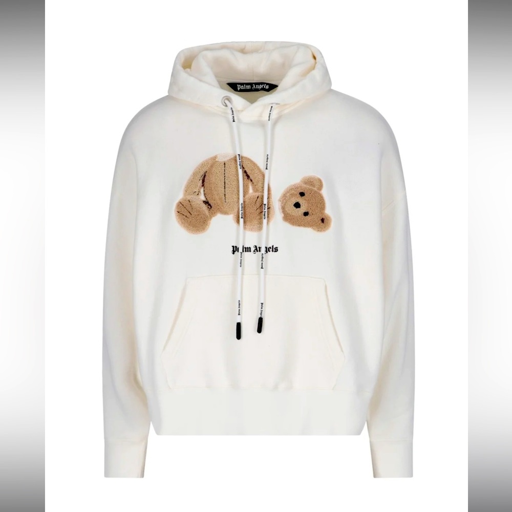 Palm Angels Bear Drawstring Hoodie (White). 100% Cotton. Made in Italy. Size: XL